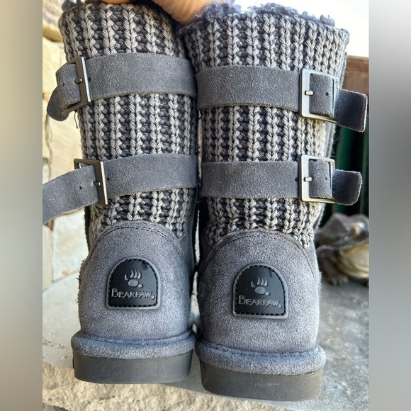BearPaw winter Clara leather knit pull on buckle strap Grey Fog boots Sz-7. J - Picture 5 of 11